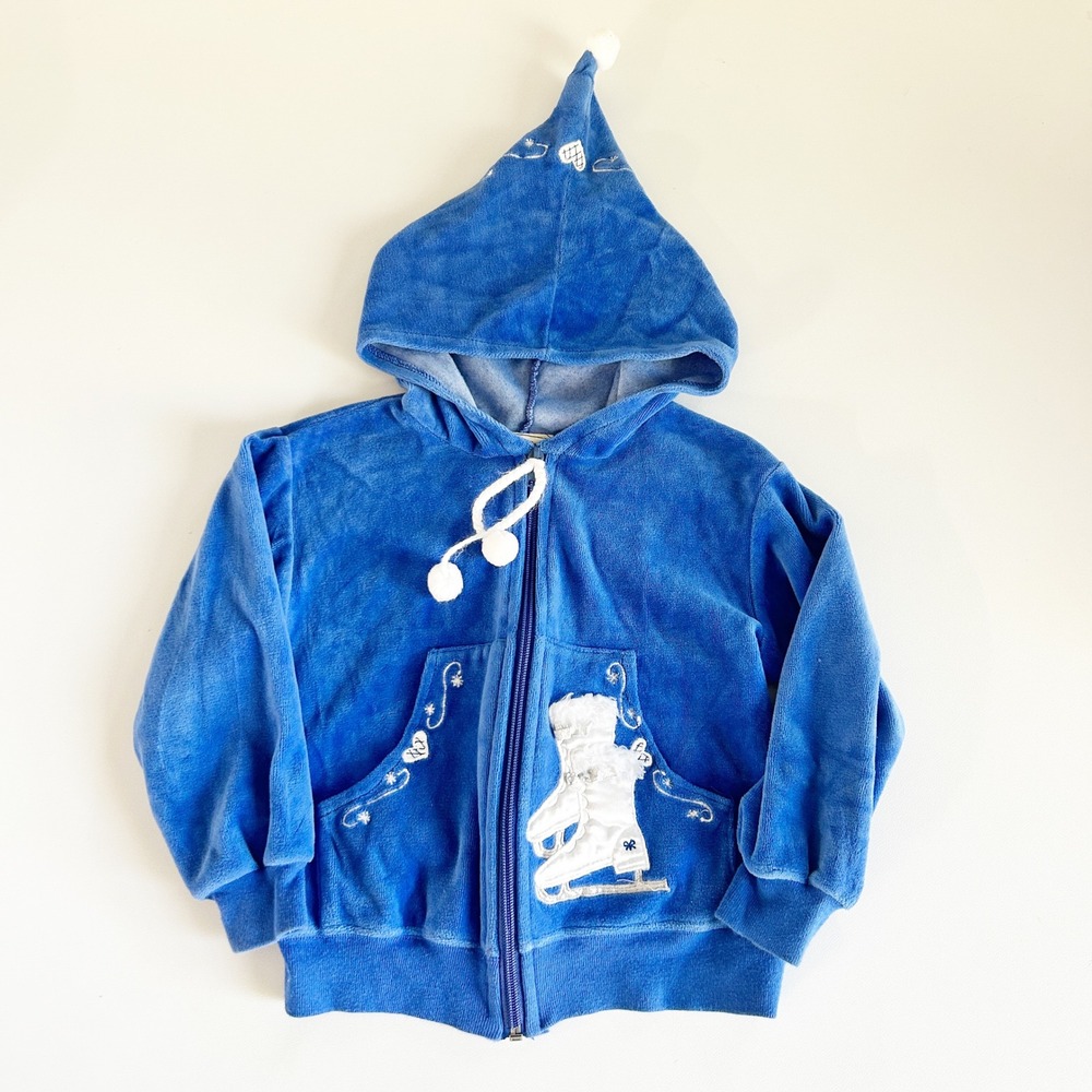 Rebecca Raggs Girls Vintage Blue Velour Ice Skating Embroidered Zip Up Hoodie 4T